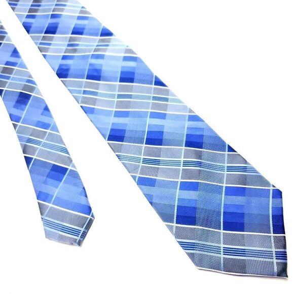 Calvin Klein Blue Silk‎ Tie Woven Skinny Plaids & Stripes - Picture 1 of 6